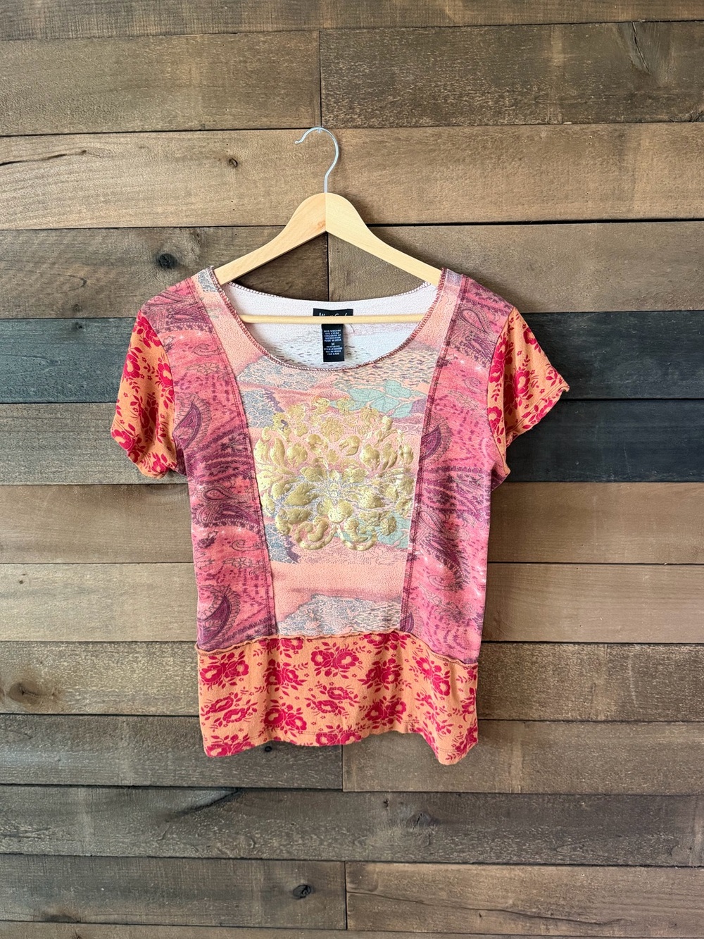 West End Patchwork Paisley Floral Gold Graphic Y2K Boho Top Size Medium